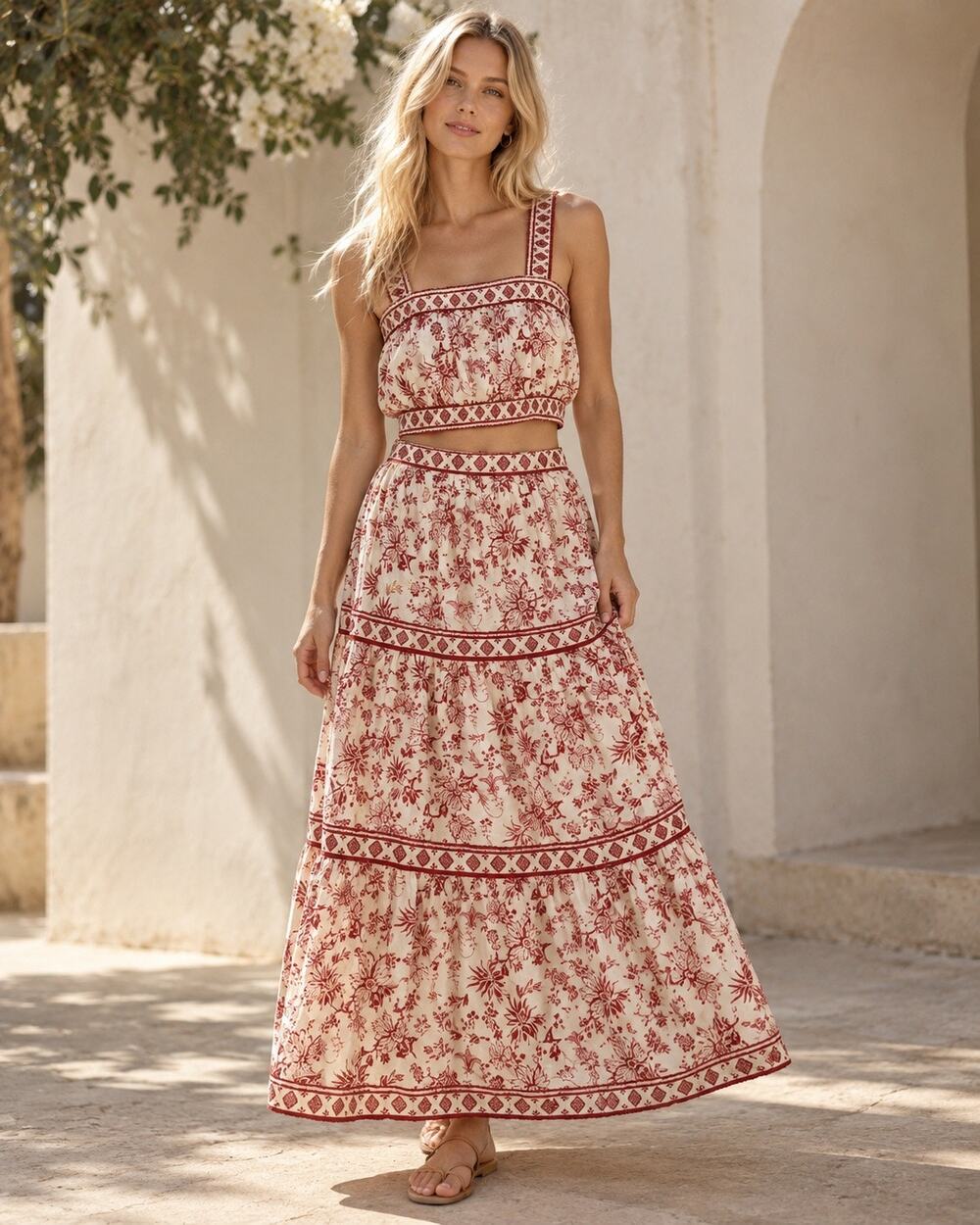 Japna Small Red Floral Cotton Crop Top Maxi Skirt 2 Piece NWT Boho Cottagecore